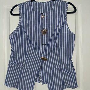 SHEIN Blue & White Vertical Stripe Sleeveless Detailed Button Vest